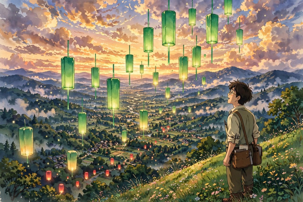 Ghibli-style illustration of glowing green candlesticks rising like lanterns into a sunset sky