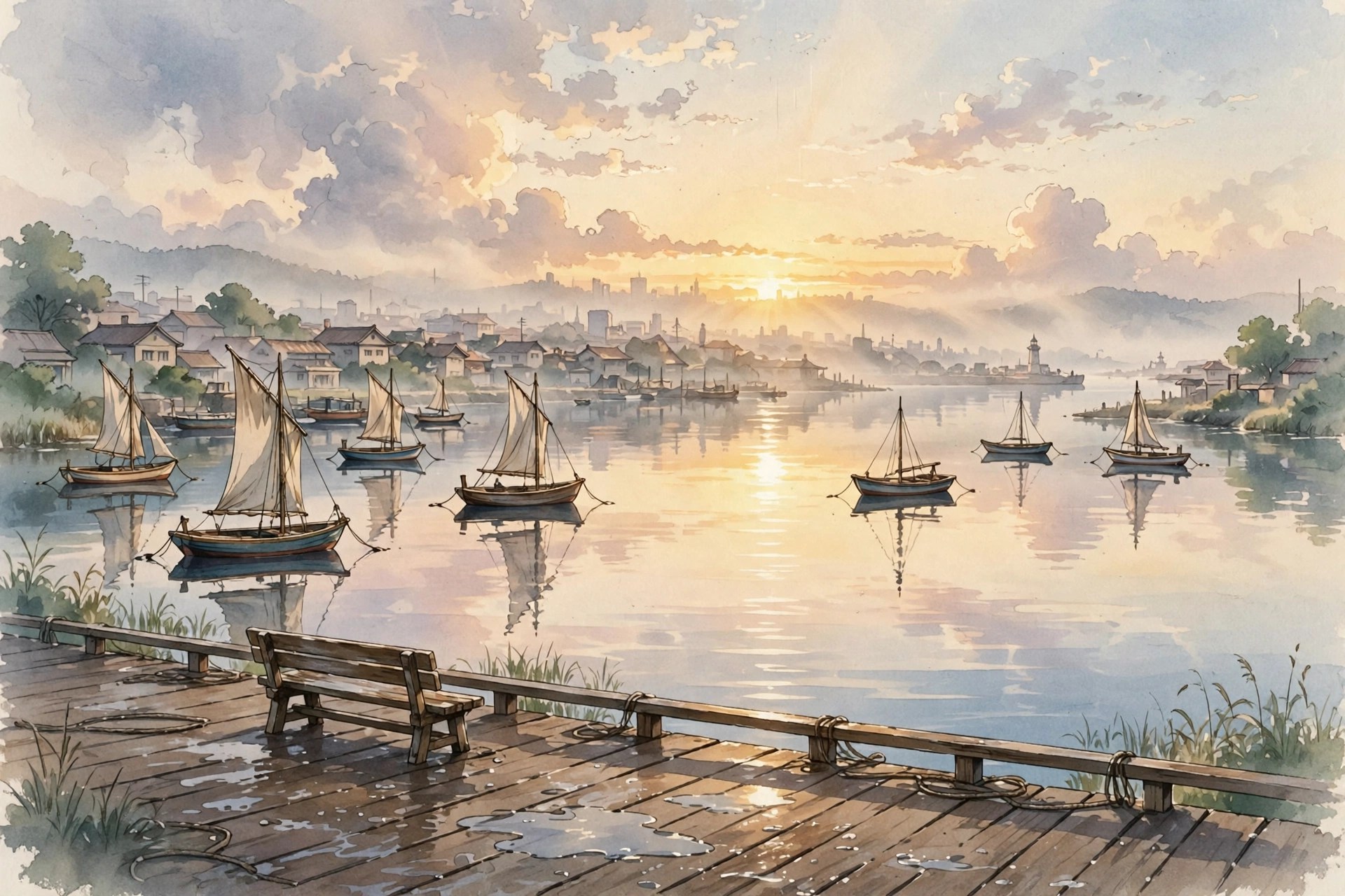 A peaceful sunrise over a calm harbor after the storm