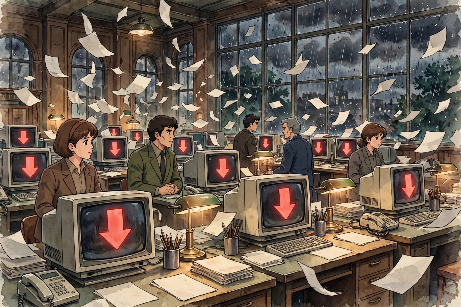 A 1980s trading floor in panic as red down arrows fill old computer monitors and paper swirls through the air