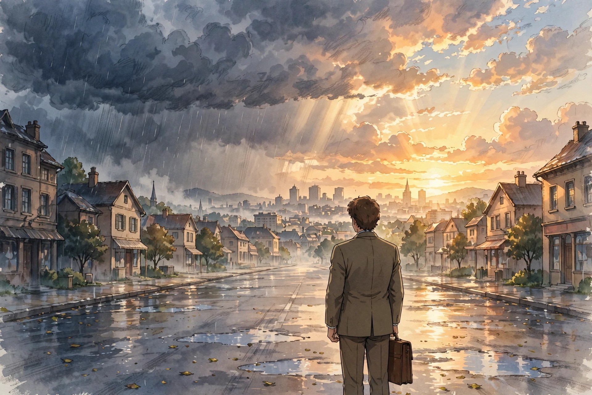 A lone trader standing still before a golden sunrise breaking through storm clouds over the city