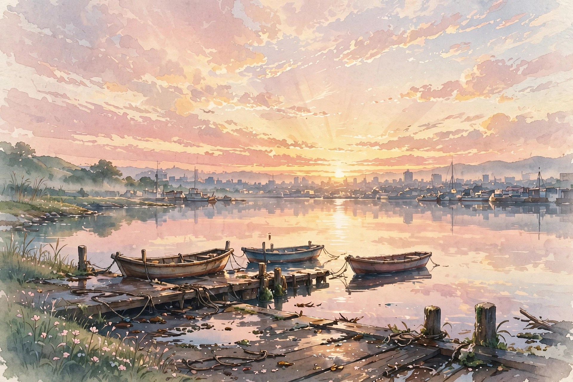 A peaceful sunrise over a calm harbor after the storm