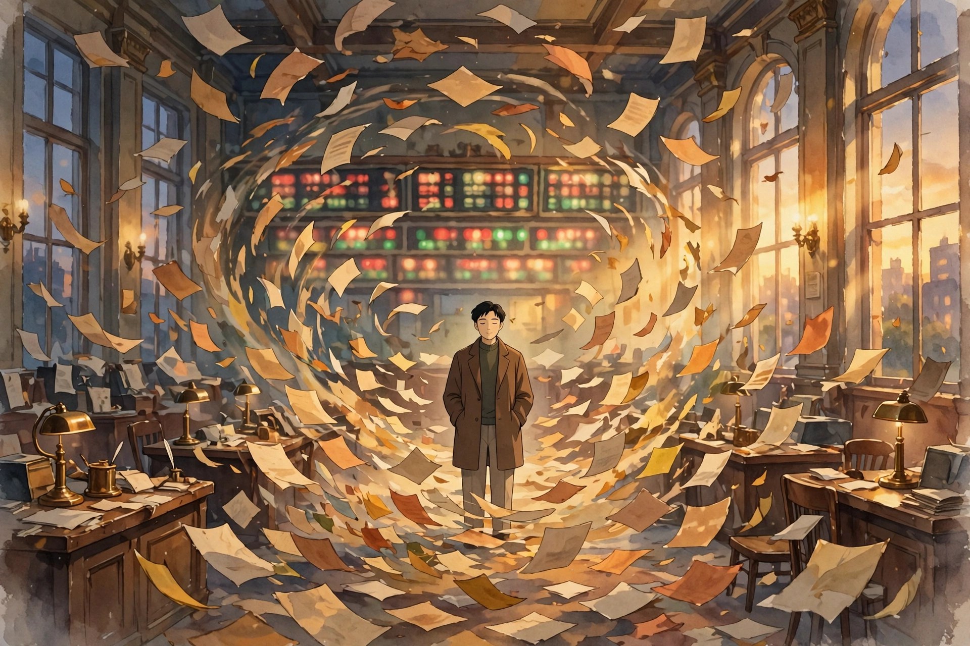 A calm trader standing still amid swirling papers on a chaotic trading floor